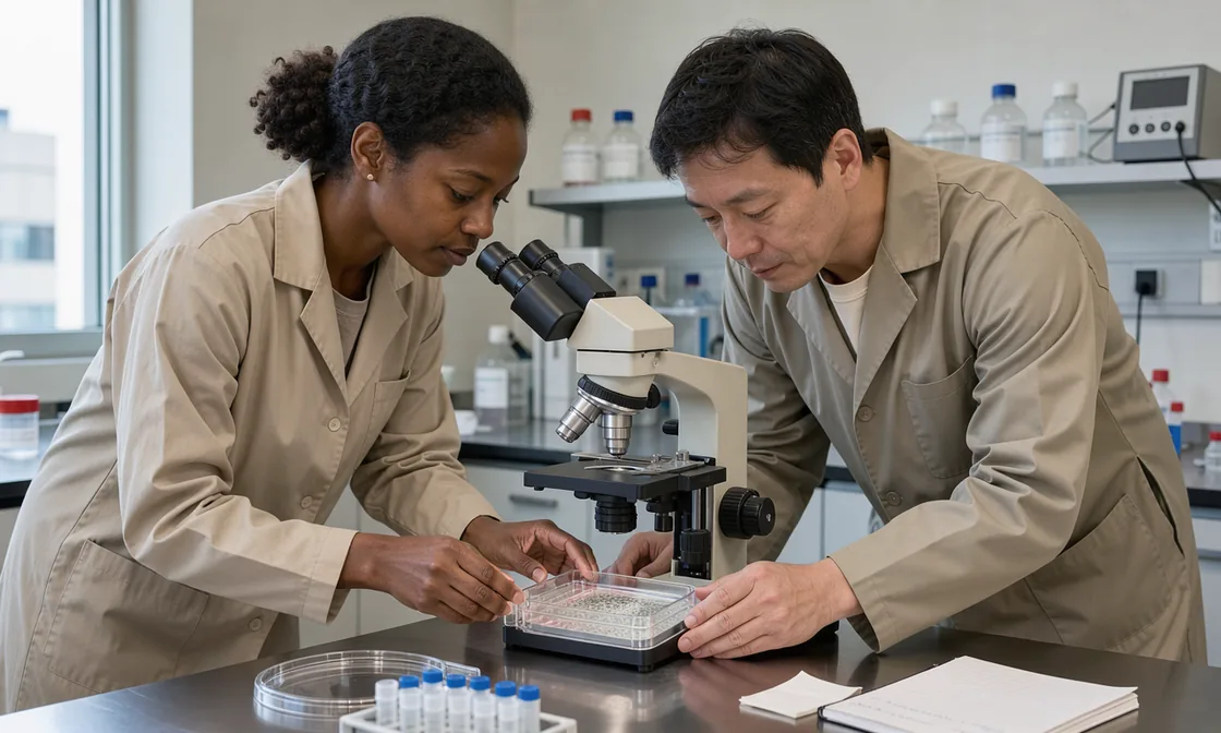 Two technicians examine a cell-culture dish beside a bench microscope.