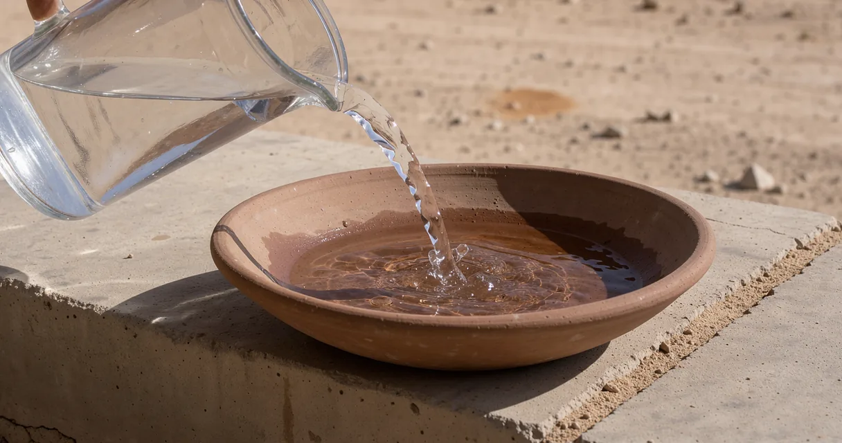 Water pours into a shallow clay basin beside dry desert ground.