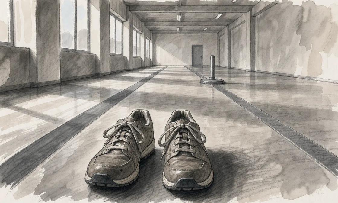Walking shoes sit beside an empty indoor course marked with plain floor strips.